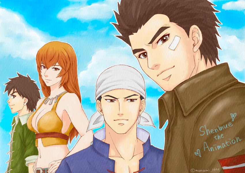1girl 3boys bandage_on_face bandages bandana belt blue_skirt blue_sky breasts brown_eyes brown_hair chinese_clothes cleavage closed_mouth cloud cloudy_sky collared_jacket collared_shirt copyright_name crop_top denim earrings green_shirt hands_on_own_hips hazuki_ryou highres jacket jeans jewelry joy_(shenmue) large_breasts leather leather_jacket long_hair looking_at_viewer messy_hair midriff monami_1999 multiple_boys navel necklace ni_xian_weng orange_hair pants ren_wu_ying shenmue shenmue_the_animation shirt signature skirt sky smile spiked_hair tooth_earrings white_bandana