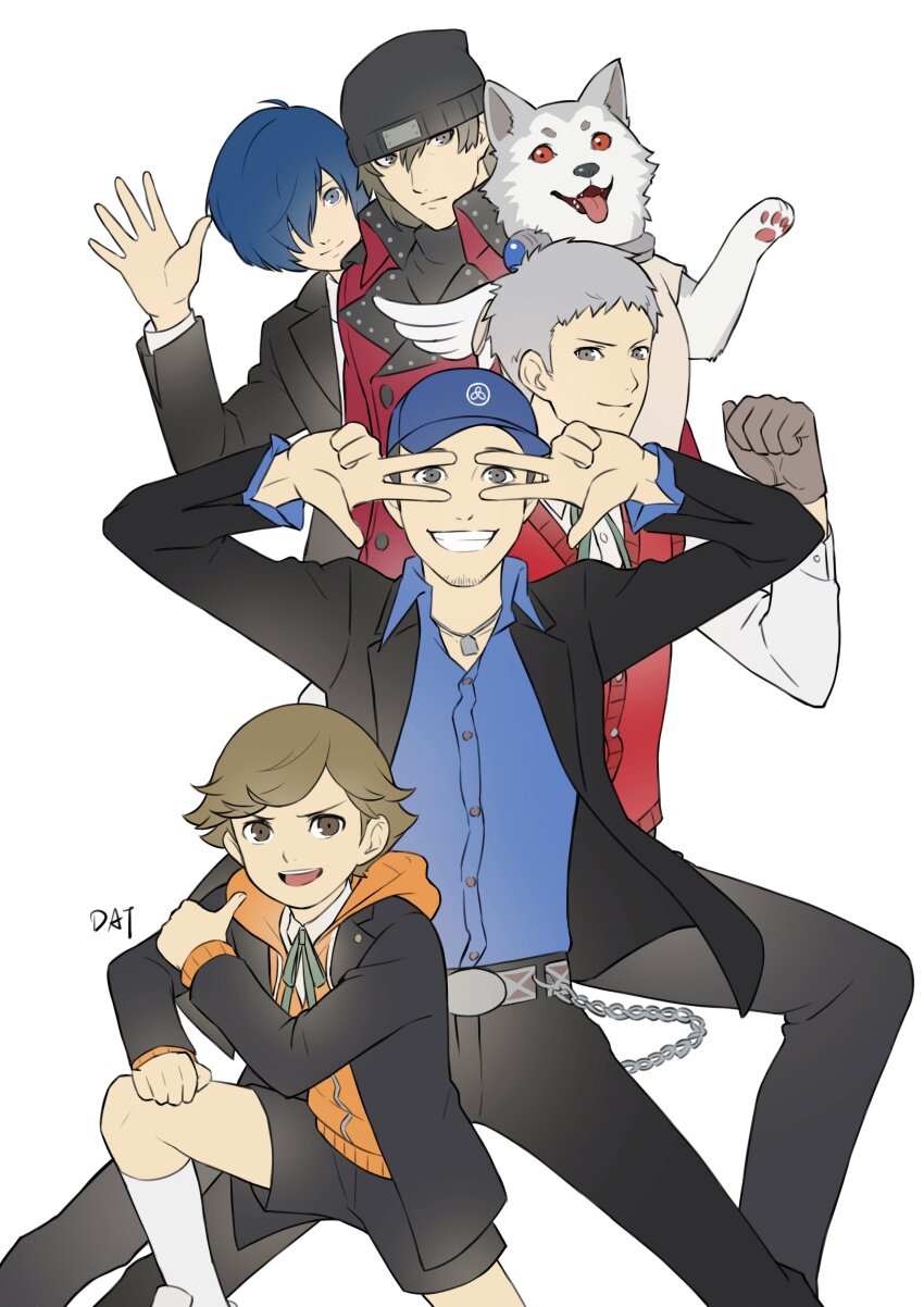 5boys absurdres amada_ken animal aragaki_shinjirou artist_name bad_tag baseball_cap beanie belt black_hair black_jacket black_pants black_shorts blue_hair blue_shirt brown_gloves brown_hair clenched_hand coat collared_shirt commentary da-cart dog double_w english_commentary feet_out_of_frame flat_color gekkoukan_high_school_uniform gloves grey_hair grin hair_over_one_eye hat helmet highres hood hood_down hoodie iori_junpei jacket jewelry koromaru_(persona) long_sleeves looking_at_viewer male_focus multiple_boys necklace open_clothes open_jacket open_mouth orange_hoodie pants persona persona_3 red_coat red_sweater_vest sanada_akihiko school_uniform shirt shorts smile socks sweater_vest w wallet_chain waving white_background white_shirt white_socks yuuki_makoto_(persona_3)