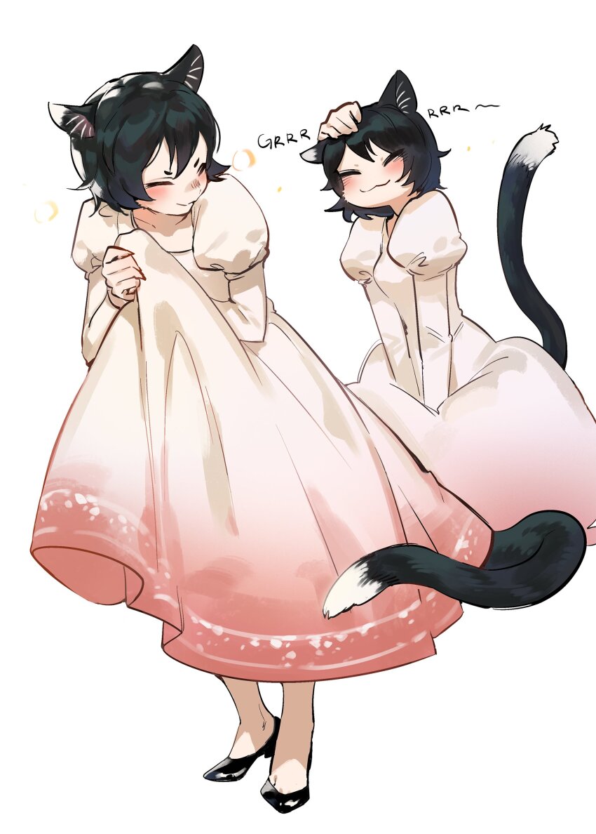1girl :3 =_= ^_^ absurdres alternate_costume animal_ears black_footwear black_hair blush cat_ears cat_tail closed_eyes disembodied_hand dress dungeon_meshi foolish_potato full_body gradient_clothes gradient_dress hashtag-only_commentary headpat high_heels highres izutsumi juliet_sleeves long_sleeves multiple_views photo-referenced puffy_sleeves purring red_dress short_hair simple_background standing tail white_background white_dress