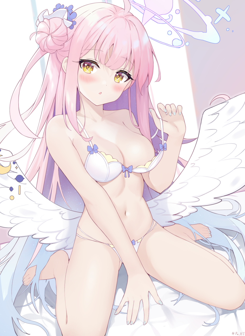 1girl :o absurdres ahoge angel_wings aqua_nails artist_name bare_arms bare_legs bare_shoulders barefoot bikini blue_archive blue_bow blue_flower blue_hair blue_nails blush bow bow_bikini bow_bra bra bra_pull breasts cleavage clothes_pull collarbone colored_inner_hair commentary crescent feathered_wings feet fingernails flower frilled_ribbon frills full_body gradient_hair hair_bun hair_flower hair_ornament hair_ribbon hair_scrunchie halo head_tilt heart heart_in_eye highres holding_strap indoors large_breasts light_blue_hair long_hair looking_at_viewer low_wings mika_(blue_archive) multi-strapped_bikini_bottom multicolored_hair nail_polish navel on_bed open_mouth pink_hair pink_halo pu_ht pulling_own_clothes ribbon scrunchie single_side_bun sitting solo stomach swimsuit symbol_in_eye thighs toenail_polish toenails toes two-tone_hair underwear very_long_hair wariza white_bikini white_bra white_ribbon white_wings wing_decorations wings yellow_eyes