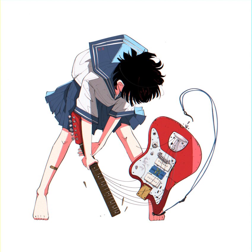 1girl bandaid bandaid_on_leg bare_legs barefoot blue_sailor_collar blue_skirt broken_guitar broken_instrument highres legs_apart original pleated_skirt sailor_collar school_uniform seikatsu_(s_pilotfilm) serafuku shirt short_sleeves simple_background skirt smashing_guitar solo white_background