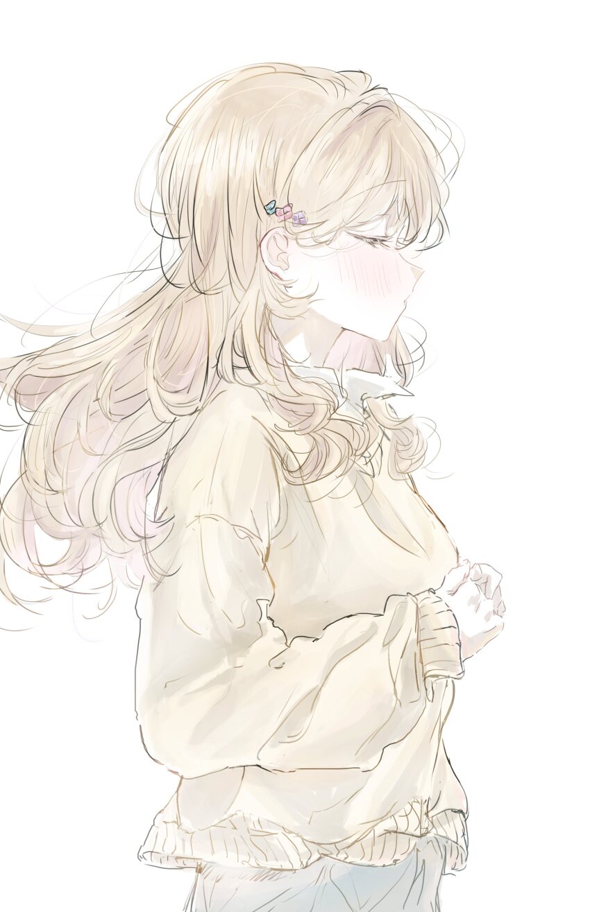 1girl absurdres blonde_hair character_request closed_eyes closed_mouth copyright_request expressionless from_side highres kusakayosituki1 long_hair long_sleeves pale_color profile simple_background sketch solo sweater upper_body white_background yellow_sweater