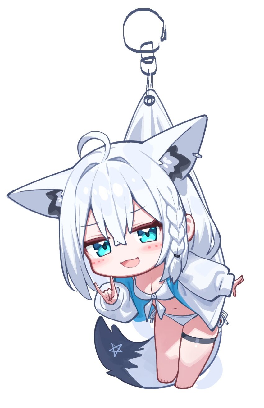 1girl ahoge animal_ears bikini breasts chibi cleavage deformed fox_ears fox_girl fox_shadow_puppet full_body highres hololive jacket jacket_over_swimsuit long_hair open_clothes open_jacket shirakami_fubuki side-tie_bikini_bottom simple_background solo swimsuit verdey virtual_youtuber white_background white_bikini white_hair white_jacket