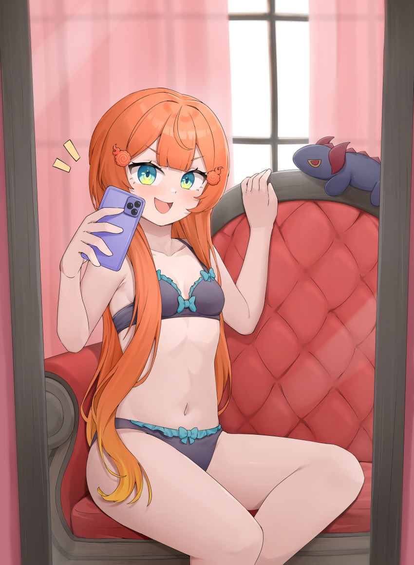 1girl absurdres belly blush blush_stickers bow bra breasts cellphone commission couch curtains fake_horns fake_tail hair_ornament highres horns indoors japanese_text knees long_hair looking_at_viewer miki_hitsugi navel open_mouth orange_hair panties phone ribbon selfie sitting small_breasts smartphone smile solo specialite_en stuffed_toy tail thighs underwear underwear_only virtual_youtuber window
