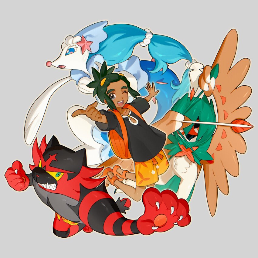 1boy arrow_(projectile) backpack bag black_shirt blue_eyes bow_(weapon) brown_eyes claws clenched_hand clothing_cutout colored_sclera commentary crew_neck dark-skinned_male dark_skin decidueye floral_print fua1heyvot4ifsr gen_7_pokemon green_eyes green_hair grey_background hair_intakes hau_(pokemon) highres incineroar male_focus nintendo one_eye_closed open_mouth orange_bag orange_sandals orange_shoes orange_shorts outstretched_arm pokemon pokemon_(creature) pokemon_sm ponytail primarina sandals sharp_teeth shirt shoes short_sleeves shorts starfish_hair_ornament symbol-only_commentary teeth tongue upper_teeth_only weapon yellow_eyes yellow_sclera