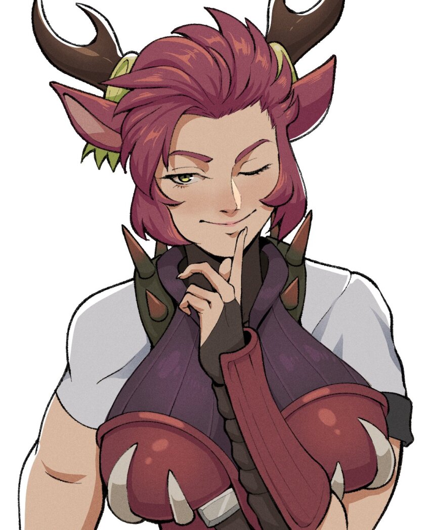 1girl animal_ears antlers breasts closed_mouth duel_monster francisco_mon highres horns large_breasts one_eye_closed short_hair short_sleeves simple_background smile solo upper_body white_background yellow_eyes yu-gi-oh! zoodiac_drident