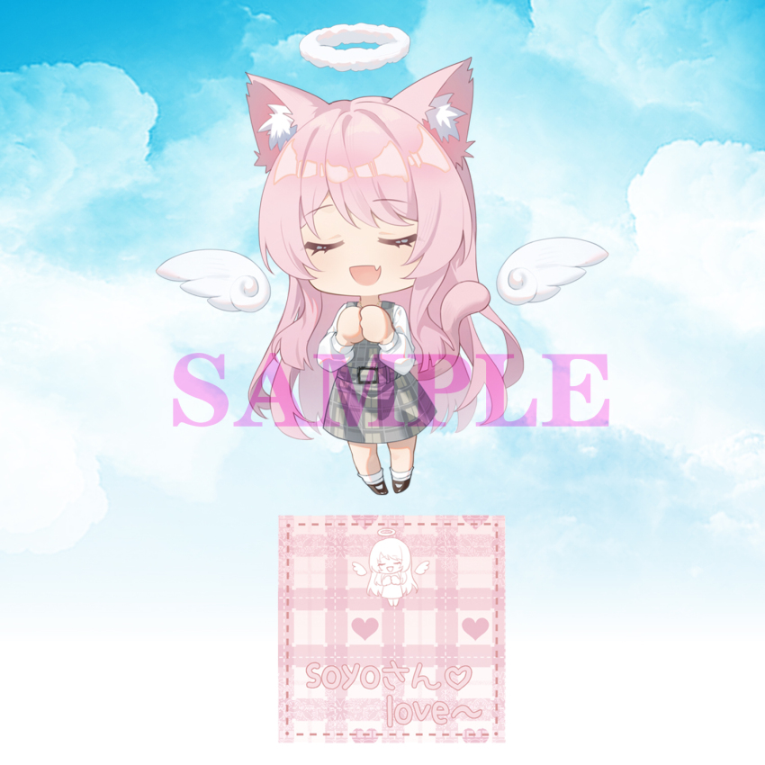 1girl :d angel angel_wings animal_ear_fluff bang_dream! bang_dream!_it&#039;s_mygo!!!!! belt blue_sky brown_shoes casual chibi chibi_only chihaya_anon chinese_commentary closed_eyes cloud cloudy_sky commentary_request detached_wings dotted_line dress dress_shirt fang full_body grey_dress halo highres kemonomimi_mode light_blush long_hair long_sleeves maoerduo_meow mary_janes open_mouth own_hands_together pigeon-toed pinafore_dress pink_tail plaid_belt plaid_clothes plaid_dress sample_watermark second-party_source shirt shoes skin_fang sky sleeveless sleeveless_dress smile socks solo source_quote squatting u_u watermark white_halo white_shirt white_socks white_wings wings