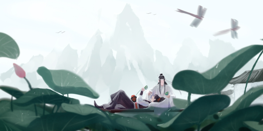 2boys architecture black_boots black_hair black_hanfu blurry blurry_foreground boots bud bug building chinese_clothes depth_of_field dragonfly east_asian_architecture full_body hair_ribbon hanfu headband high_ponytail holding holding_plant insect lan_wangji lap_pillow long_hair lotus_leaf lotus_pod lying male_focus modao_zushi motion_blur mountain multiple_boys nature on_back open_mouth outdoors plant ponytail red_ribbon red_sash ribbon sash sitting smile topknot wei_wuxian white_hanfu white_headband xianduguaitan xiao_guan_(headdress)