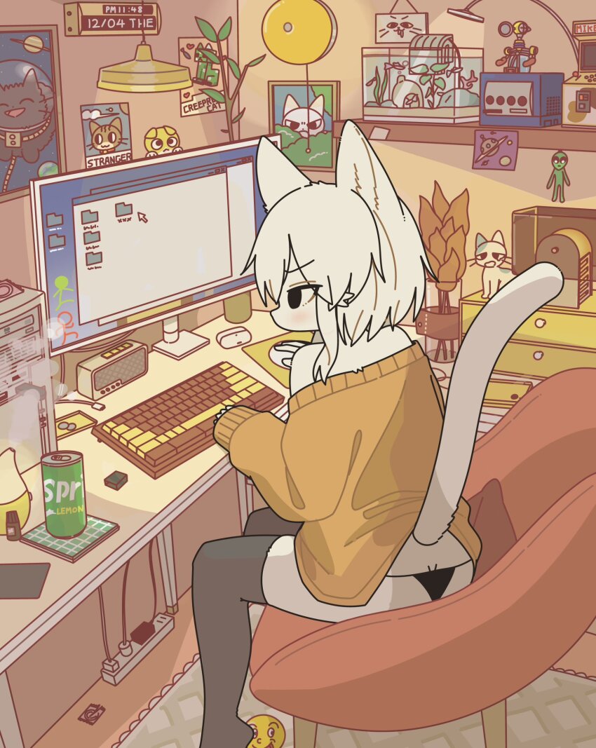 1girl alien animal_ear_fluff animal_ears aquarium ass at_computer bare_shoulders black_eyes black_thighhighs butt_crack can cat cat_ears cat_girl cat_tail chair commentary computer_keyboard creeper cursor dated desk desktop_(computing) drink_can fish folder from_behind from_side game_console gamecube hair_between_eyes highres long_sleeves looking_at_screen mike_no_hito monitor no_pupils no_shoes on_chair original power_strip shikaru_neko shikaru_neko_(character) short_hair sitting sleeves_past_wrists soda_can sprite_(drink) sweater tail tail_raised thighhighs thong white_hair yellow_sweater