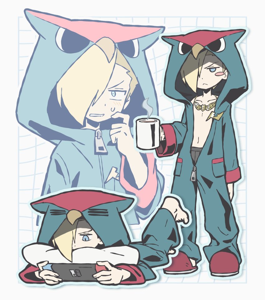 1boy :&lt; absurdres animal_hood arm_up asymmetrical_hair barefoot bird_hood black_male_underwear blonde_hair blue_eyes blush_stickers closed_mouth coffee_mug collarbone cosplay cup dot_nose ed_(street_fighter) finger_to_mouth grid_background handheld_game_console highres holding holding_cup holding_handheld_game_console hood hood_up hugging_object jewelry jitome kigurumi leg_up long_sleeves looking_ahead looking_at_another lying male_focus male_underwear male_underwear_peek mug multiple_views necklace nervous_sweating nintendo_switch on_stomach pillow pillow_hug pocket red_slippers sach56000 sideways_glance slippers steam street_fighter street_fighter_6 sweat underwear unzipped zipper zipper_pull_tab