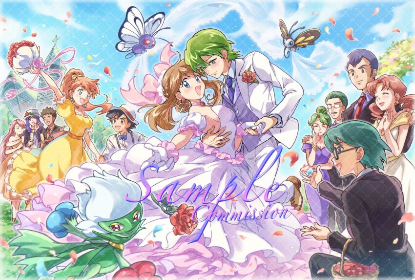 5girls 6+boys :d animal ash_ketchum basket beautifly bird black_hair blue_eyes blue_sky bouquet brock_(pokemon) brown_eyes brown_hair butterfree caroline_(pokemon) closed_eyes cloud couple day dress drew_(pokemon) earrings falling_petals flower formal_clothes gen_1_pokemon gen_3_pokemon gen_4_pokemon glasses gloves green_eyes green_hair hair_ornament happy harley_(pokemon) hat hetero holding holding_basket holding_hands husband_and_wife jacket jewelry long_hair max_(pokemon) may_(pokemon) misty_(pokemon) multiple_boys multiple_girls necktie nintendo norman_(pokemon) open_mouth orange_hair outdoors pants petals pokemon pokemon_(anime) pokemon_rse_(anime) ponytail purple_hair roserade shirt short_hair sky smile solidad_(pokemon) suzuki_(2red_moon3) wedding wedding_dress white_gloves white_pants yellow_dress