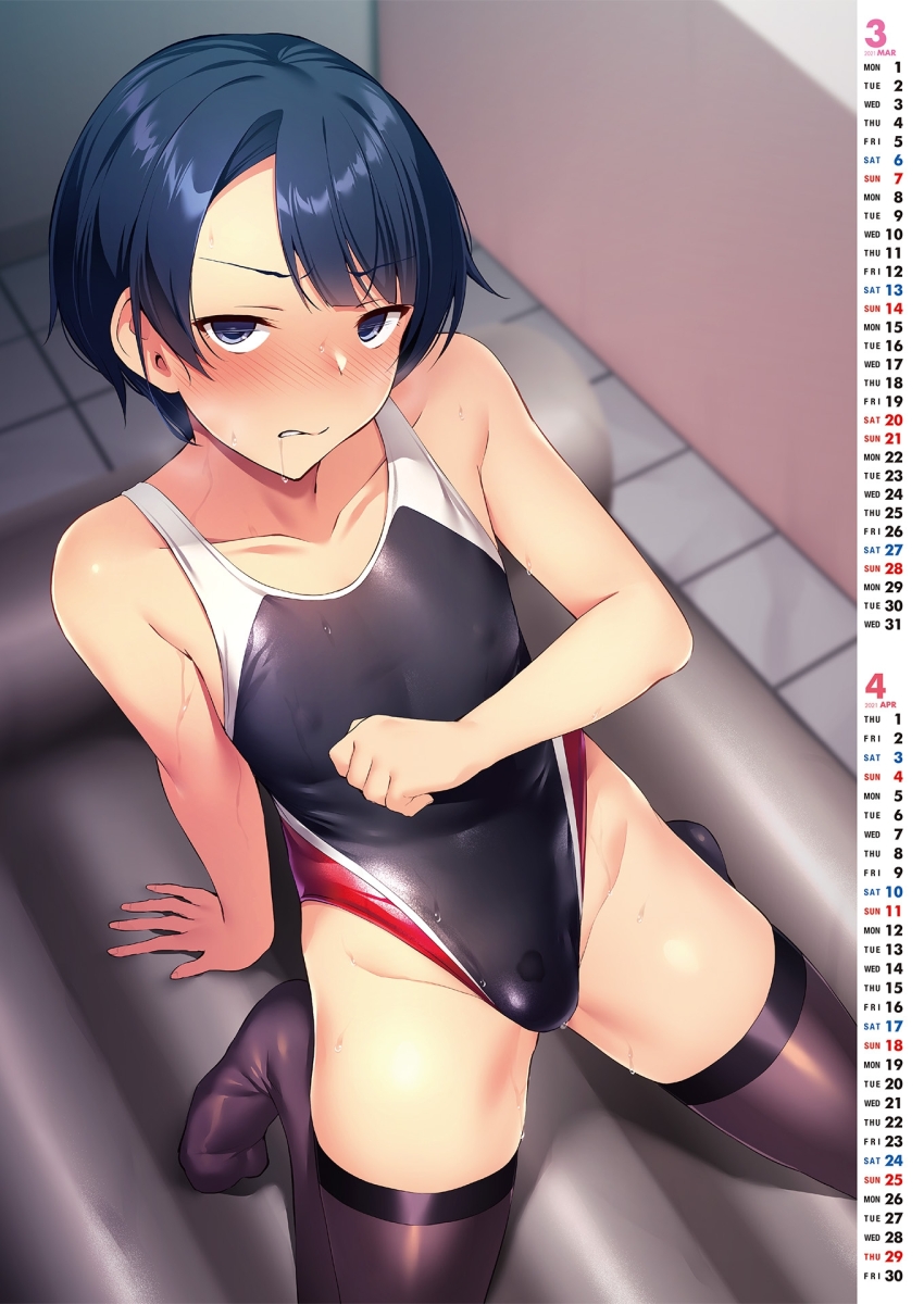1boy :s arm_support biting_own_lip black_one-piece_swimsuit black_thighhighs blue_eyes blue_hair blurry blurry_background blush bulge calendar_(medium) collarbone competition_swimsuit copyright_request covered_erect_nipples covered_navel crossdressing crossdressing_(mtf) dashed_eyes drooling embarrassed from_above full_body furrowed_brow groin heavy_breathing highres kneeling looking_at_viewer male_focus no_shoes one-piece_swimsuit precum precum_through_clothes saliva satou_kuuki short_hair solo sweat swimsuit thighhighs tile_floor tiles trap