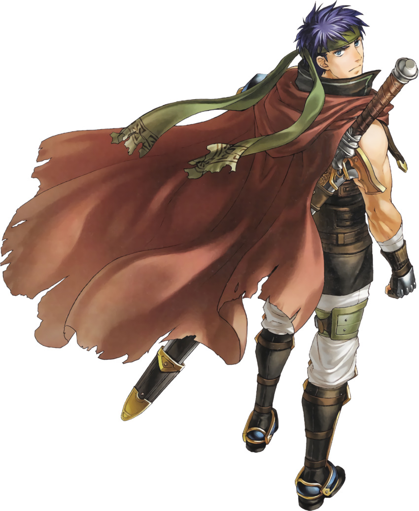 1boy blue_eyes blue_hair cape fire_emblem fire_emblem:_radiant_dawn from_behind headband highres ike_(fire_emblem) kita_senri looking_at_viewer looking_back male_focus nintendo official_art red_cape short_hair simple_background solo sword sword_on_back third-party_source transparent_background weapon weapon_on_back
