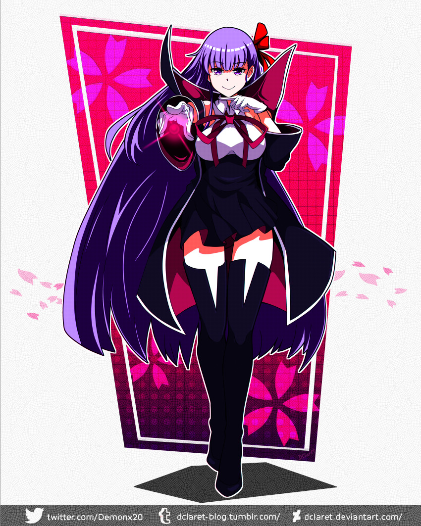 1girl absurdres bb_(fate) bb_(fate/extra) black_boots black_coat boots cloak coat dclaret fate/extra fate/extra_ccc fate/grand_order fate_(series) female_focus gloves hair_ribbon high-waist_skirt highres huge_filesize long_hair neck_ribbon popped_collar purple_eyes purple_hair red_ribbon ribbon skirt solo thigh_boots thighhighs very_long_hair white_gloves