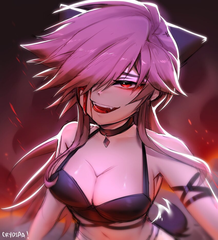 1girl animal_ears blood blood_on_face breasts collar crop_top cry_(crydiaa) crydiaa_(artist) fang highres indie_virtual_youtuber long_hair red_eyes spiked_hair tail wolf_ears wolf_girl wolf_tail