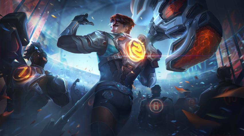 6+boys absurdres aizukie armor ass black_bodysuit black_gloves blue_eyes bodysuit brown_hair confetti cowboy_shot fingerless_gloves from_behind gloves glowing grin hammer highres holding holding_hammer jayce_(league_of_legends) league_of_legends light_rays looking_at_viewer looking_back male_focus multiple_boys official_art open_mouth outdoors pointing pointing_at_self ponytail power_armor second-party_source short_hair shoulder_armor smile solo_focus stadium teeth weapon zenith_games_jayce
