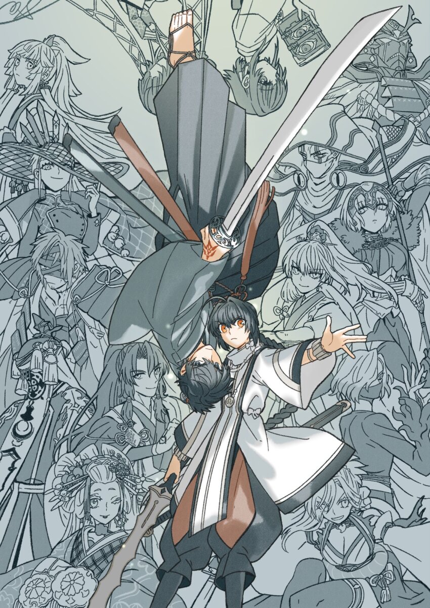 1other 6+boys 6+girls ahoge androgynous archer_(fate/samurai_remnant) armor assassin_(fate/samurai_remnant) batoson54 black_hair black_hakama blue_eyes blue_kimono braid braided_ponytail caster_(fate/samurai_remnant) chiemon_(fate) command_spell dorothea_coyett everyone fate/grand_order fate/samurai_remnant fate_(series) hakama highres holding holding_sword holding_weapon japanese_clothes jeanne_d&#039;arc_(fate) jeanne_d&#039;arc_alter_(lancer)_(fate) jewelry katana kimono long_hair looking_at_viewer miyamoto_iori_(fate) miyamoto_musashi_(fate) miyamoto_musashi_(woman_of_niten_ichiryuu)_(fate) multiple_boys multiple_girls ogasawara_kaya orange_eyes partially_colored sandals short_hair sidelocks single_braid sword takao_dayu_(fate) topknot tsuchimikado_yasuhiro_(fate) upside-down ushi_gozen_(fate) ushi_gozen_(rider)_(fate) weapon white_kimono yamato_takeru_(fate) yui_shousetsu_(fate) zheng_chenggong_(fate)