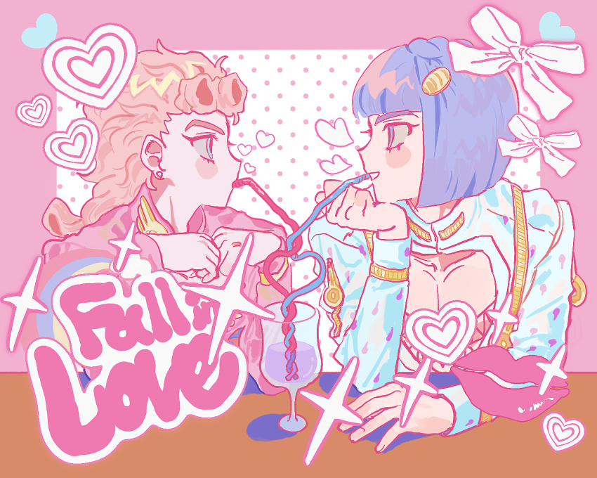 2boys aqua_eyes arm_on_table bendy_straw black_hair blonde_hair blue_eyes blunt_bangs bob_cut bow braid bruno_bucciarati cleavage_cutout clothing_cutout drinking_straw drinking_straw_in_mouth earrings english_text giorno_giovanna hair_ornament hairclip hand_on_own_chin hand_on_table heart highres jacket jewelry jojo_no_kimyou_na_bouken lipstick_mark long_hair male_focus multiple_boys pectoral_cleavage pectorals pink_jacket pink_theme shared_food short_hair smile sparkle table tami_tome_mo vento_aureo victory_rolls white_jacket yaoi zipper