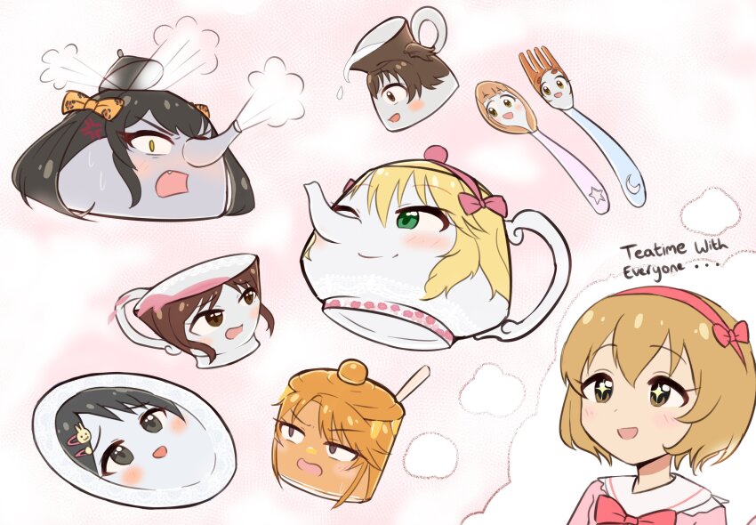 akagi_miria anger_vein angry black_eyes black_hair blonde_hair bow bowtie brown_eyes brown_hair commentary constricted_pupils creamer_(vessel) cup dress english_text fang fork green_eyes hair_between_eyes hairband highres honeypot ichihara_nina idolmaster idolmaster_cinderella_girls idolmaster_cinderella_girls_u149 imagining kettle koga_koharu light_brown_hair matoba_risa open_mouth orange_hair pink_background pink_bow pink_bowtie pink_dress pink_hairband psycho_orb ryuzaki_kaoru sakurai_momoka sasaki_chie saucer short_hair smile sparkling_eyes spoon steam tachibana_arisu teacup teapot upper_body yuuki_haru