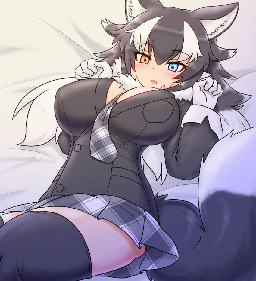1girl animal_ears bed between_breasts black_thighhighs blue_eyes blush breast_pocket breasts commentary commentary_request female_focus fur_collar gloves grey_wolf_(kemono_friends) heterochromia highres kemono_friends large_breasts long_hair looking_at_viewer lying mo23 multicolored_hair necktie necktie_between_breasts on_back open_mouth pocket solo tail thighhighs two-tone_hair white_gloves wolf_ears wolf_girl wolf_tail yellow_eyes zettai_ryouiki