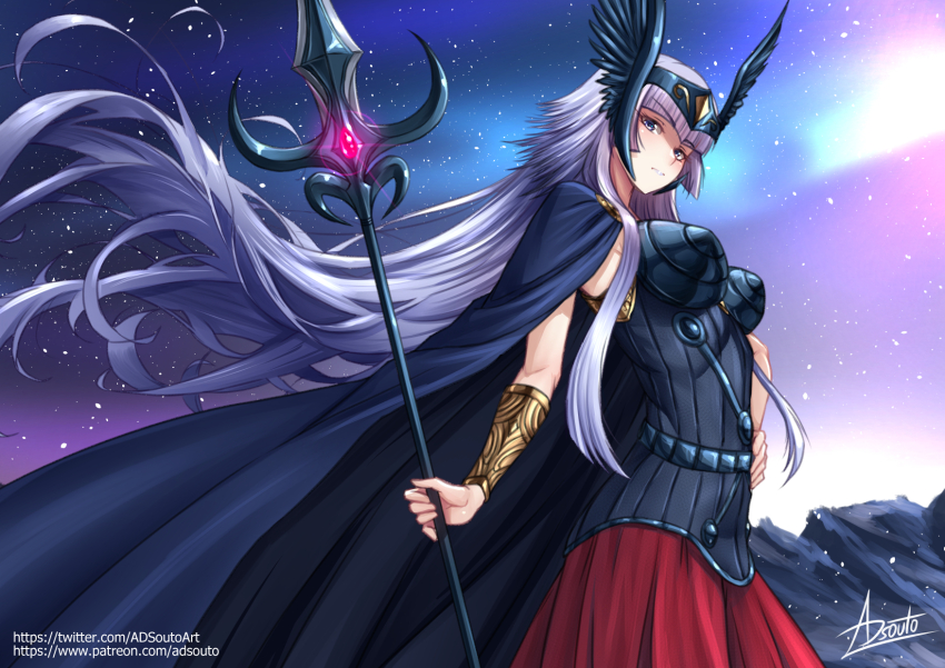 1girl adsouto aurora black_cape breasts cape dress forehead_protector hand_on_own_hip helmet highres holding holding_polearm holding_weapon long_hair looking_at_viewer medium_breasts polaris_hilda polearm purple_eyes purple_hair red_dress saint_seiya signature solo spear standing vambraces variant_set very_long_hair weapon wind wind_lift winged_helmet