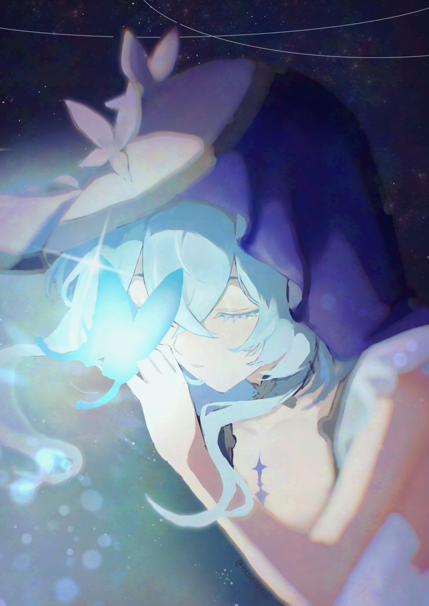 1girl absurdres blue_butterfly blue_hair blue_veil bug butterfly butterfly_on_hand chromatic_aberration closed_eyes colored_eyelashes commentary_request hair_between_eyes highres insect long_hair moika partial_commentary shorekeeper_(wuthering_waves) solo two-tone_veil veil white_veil wuthering_waves