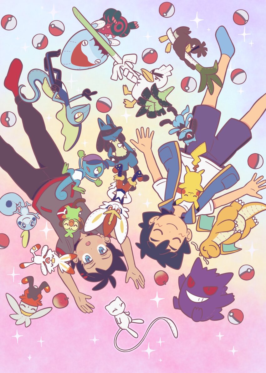 2boys apple ash_ketchum black_hair blue_eyes blue_vest cinderace closed_eyes closed_mouth dracovish dragonite drizzile food fruit galarian_farfetch&#039;d galarian_form gen_1_pokemon gen_4_pokemon gen_8_pokemon gengar goh_(pokemon) grey_shirt grookey highres inteleon legendary_pokemon lucario male_focus mew_(pokemon) multiple_boys mythical_pokemon nintendo open_clothes open_vest pants pikachu poke_ball poke_ball_(basic) pokemon pokemon_(anime) pokemon_journeys raboot red_socks riolu scorbunny shirt short_hair short_sleeves shorts shuan_0420 sirfetch&#039;d smile sobble socks sparkle t-shirt vest white_shirt
