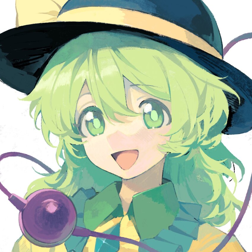 1girl green_eyes green_hair highres komeiji_koishi looking_at_viewer medium_hair open_mouth seasideiiii smile solo touhou upper_body