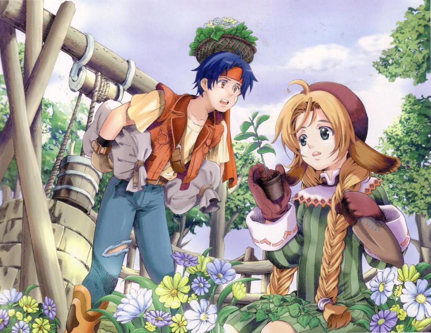 1boy 1girl animal_ears basket belt blue_hair boots braid brown_hair bucket denim dress flower flower_pot garden gloves green_eyes hair_over_shoulder hat headband highres jeans kneeling long_hair mariel_(wild_arms) nature official_art ooba_wakako open_mouth pants red_eyes rody_roughnight rope scan scan_artifacts shirt smile surprised tree trowel vest well wild_arms wild_arms_1