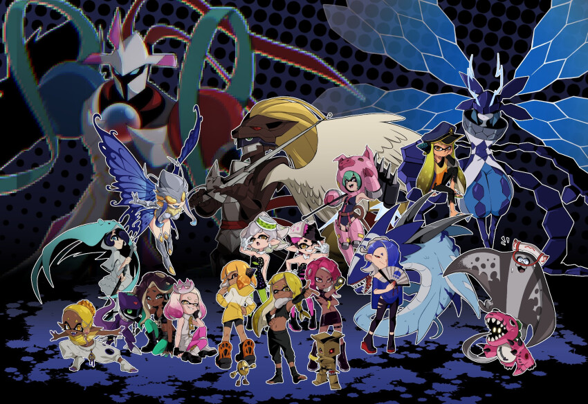 animal_costume bacomon bemmon chaosmon cho-hakkaimon costume digimon digimon_(creature) duftmon eosmon_perfect ex-tyranomon highres hudiemon kozenimon mask nintendo pig_costume sistermon_ciel splatoon_(series) swimsuit tylomon