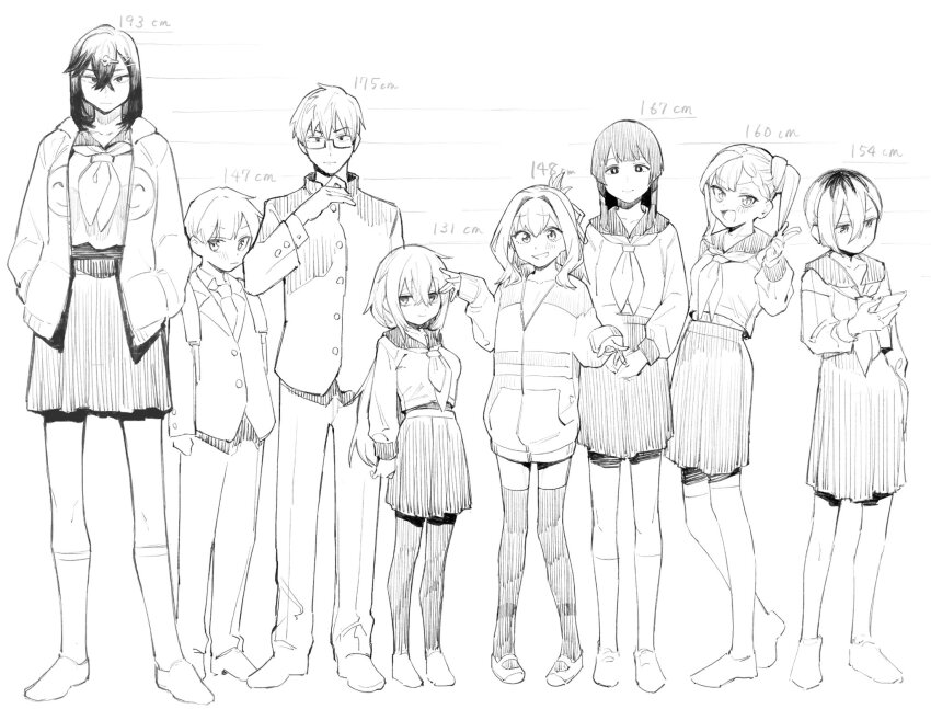 3boys 5girls bad_id bad_twitter_id character_request full_body glasses height_difference highres houjou_youka jacket kotobuki_hisako looking_at_viewer michinoku_komaro mizunoe_ume monochrome muchi_maro multiple_boys multiple_girls otori_tan pantyhose school_uniform seitokai_ni_mo_ana_wa_aru! socks standing terui_arisu twitter