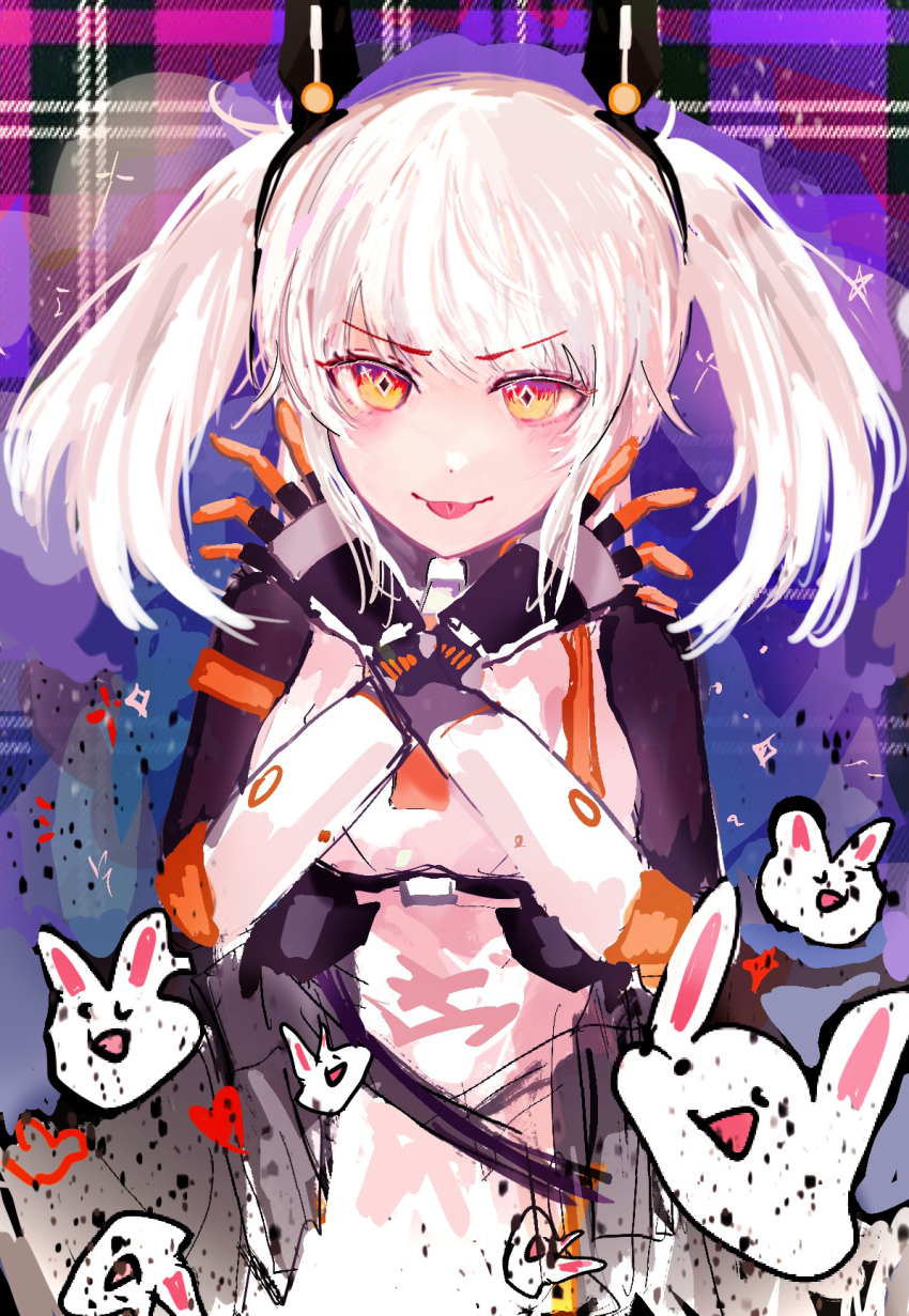 1girl animal_ears black_bodysuit bodysuit closed_mouth fake_animal_ears grey_hair headgear highres karenina:_scire_(pgr) karenina_(pgr) mechanical_arms mf_(7554) orange_hair punishing:_gray_raven rabbit_ears solo symbol-shaped_pupils tongue tongue_out twintails two-tone_bodysuit white_bodysuit