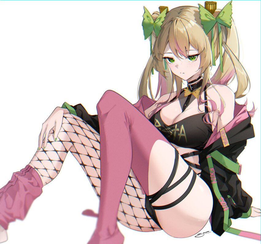 1girl artist_name ass asymmetrical_legwear between_breasts black_choker black_jacket black_straps black_top blonde_hair bow bowtie_pasta bralette breasts choker cleavage commentary_request crop_top double_ponytail feet_out_of_frame fishnets food green_bow green_eyes green_jacket green_nails green_ribbon hair_ornament half-closed_eyes hand_on_knee highres horns indie_virtual_youtuber jacket jewelry jitome knees_up long_hair looking_at_viewer medium_breasts multicolored_hair multicolored_jacket nail_polish necklace noodles off_shoulder open_mouth particles pasta pastaroniravioli petals pink_hair pink_jacket pink_thighhighs ponytail ribbon signature sitting sleeveless solo steeb strap strap_between_breasts tagme thigh_strap thighhighs thighs two-tone_hair virtual_youtuber white_background