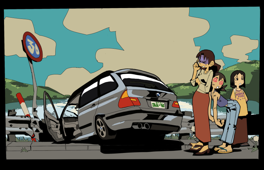 3girls @_@ azumanga_daiou black_hair blue_sky bmw brown_hair car car_crash clothes_writing cloud crop_top denim dizzy english_text evilstaplers flip-flops high_heels highres jeans kaori_(azumanga_daioh) long_skirt motor_vehicle multiple_girls pants road_sign sandals shirt sign skirt sky takino_tomo tanizaki_yukari water