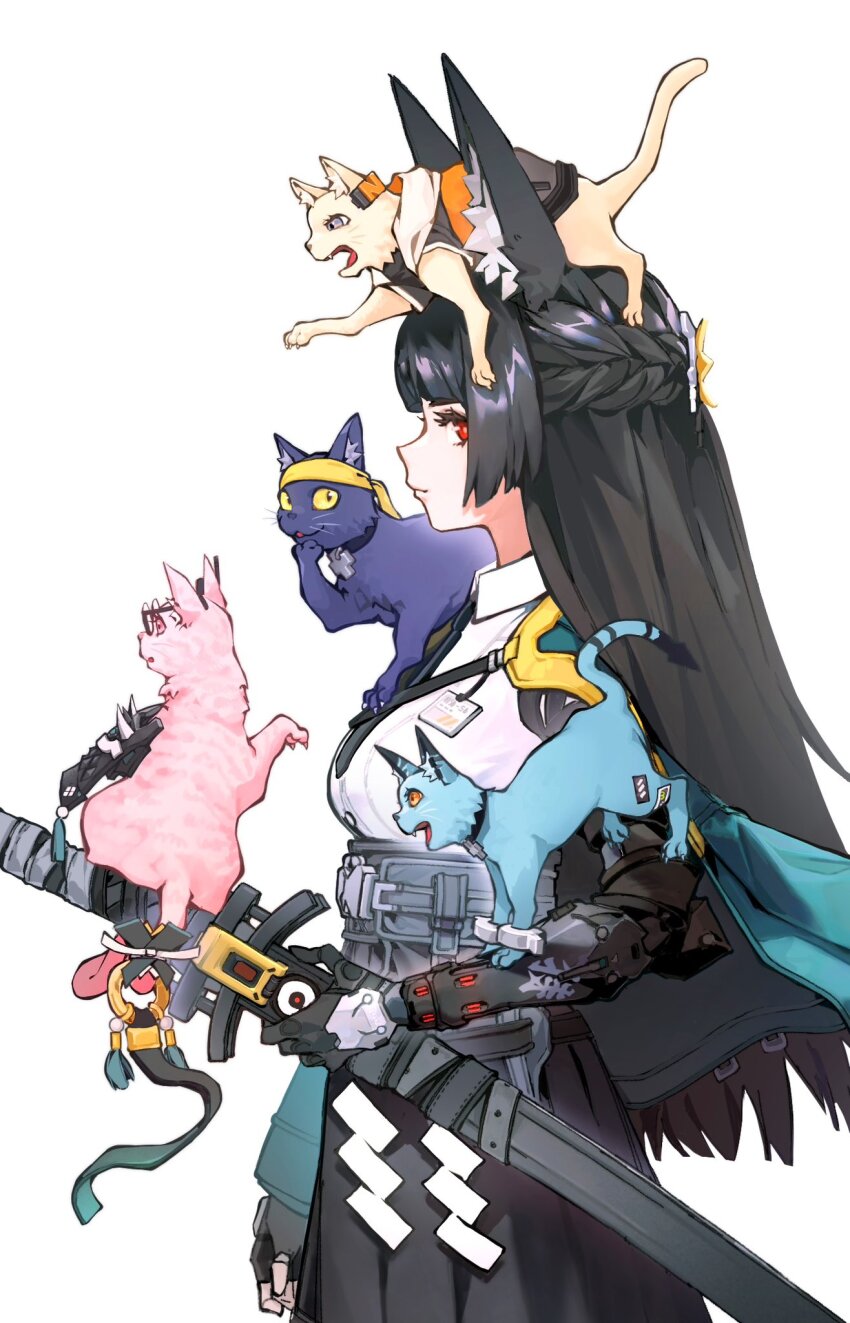 1girl animal_ears asaba_harumasa asaba_harumasa_(cat) black_cat black_gloves black_hair black_necktie black_skirt blue_cat blunt_bangs cat closed_mouth cowboy_shot dress_shirt fingerless_gloves fox_ears fox_girl gauntlets gloves high-waist_skirt highres holding holding_sword holding_weapon hoshimi_miyabi long_hair looking_at_viewer necktie pink_cat red_eyes shirt sidelocks single_fingerless_glove skirt smile solo soukaku_(cat) soukaku_(zenless_zone_zero) sword tsukishiro_yanagi tsukishiro_yanagi_(cat) weapon white_background white_shirt zenless_zone_zero zero808w