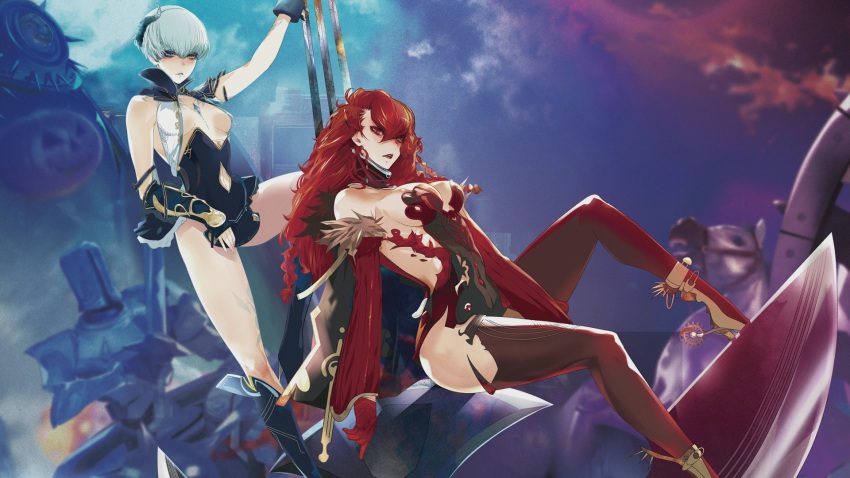 2girls blue_eyes blue_hair breasts cleavage detached_sleeves dress gloves gradient_background heterochromia highres horns kagero:_darkside_princess kagero_deception laegrinna legs long_hair maeda_hirotaka multiple_girls official_art official_wallpaper parted_lips red_eyes red_hair short_hair single_horn tecmo thighhighs velguirie yellow_eyes