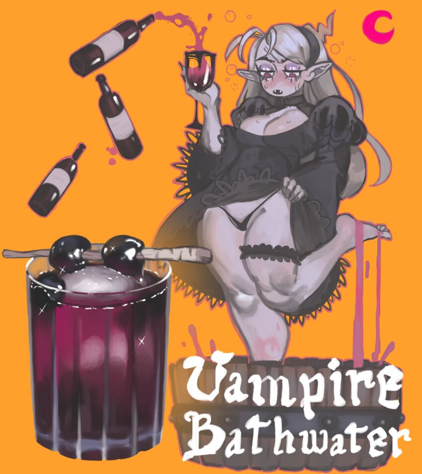 1girl absurdres ahoge alcohol alternate_costume barefoot black_dress black_panties blonde_hair blush bottle breasts bucket cleavage cleavage_cutout clothes_lift clothing_cutout cocktail colored_skin crescent_moon cup dress drink drinking_glass drunk english_text eyeshadow fangs floating floating_object food frilled_thigh_strap fruit full_body gamer_girl_bath_water_(meme) grape_stomping grapes grey_skin half-closed_eyes halloween_costume hand_up highres holding holding_cup holding_drink in_bucket in_container juliet_sleeves keziedra large_breasts leg_up lifting_own_clothes long_hair long_pointy_ears long_sleeves looking_down macaron_(keziedra) makeup meme moon orange_background original panties parted_lips pointy_ears pouring puffy_sleeves purple_eyeshadow red_eyes red_moon short_dress skirt skirt_lift solo squeans standing standing_on_one_leg sweat telekinesis thigh_strap thong underwear wide_sleeves wine_bottle wine_glass wooden_bucket