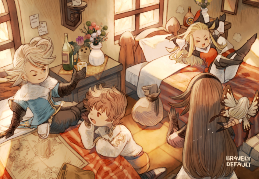 &gt;_&lt; 2boys 3girls agnes_oblige airy_(bravely_default) black_gloves blonde_hair blue_eyes blue_shirt boots bottle bow bravely_default:_flying_fairy bravely_default_(series) brown_hair butterfly_wings closed_eyes copyright_name cross-laced_clothes cross-laced_legwear edea_lee elbow_gloves fairy fairy_wings fur_trim gloves hair_bow hairband indoors insect_wings irono16 long_hair long_sleeves looking_at_another map mini_person minigirl multiple_boys multiple_girls on_bed open_mouth pillow pompadour ringabel shirt sitting smile stretching table tiz_arrior vase white_hair white_shirt window wings