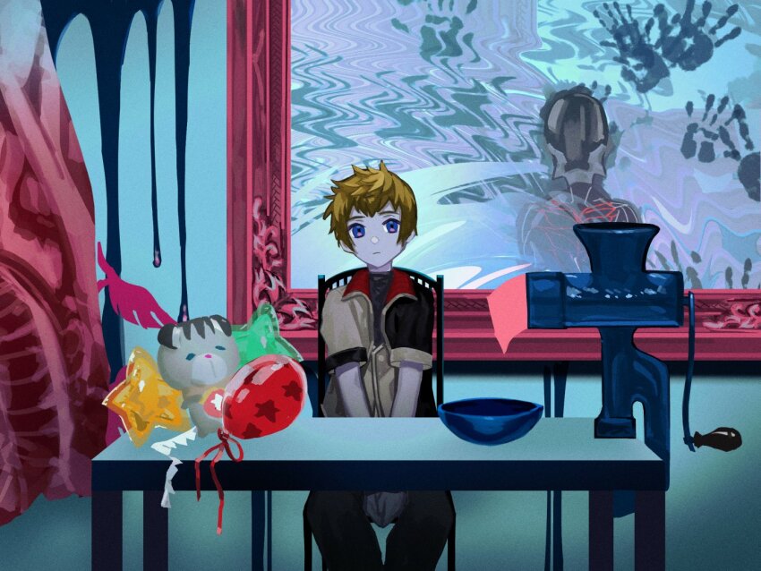 2boys balloon between_legs black_bodysuit black_jacket black_shirt blonde_hair blue_eyes bodysuit chair chirithy dripping expressionless food hand_between_legs handprint hanging jacket keiseki1 kingdom_hearts kingdom_hearts_birth_by_sleep kingdom_hearts_x male_focus mask meat meatgrinder multicolored_jacket multiple_boys on_chair painting_(object) picture_frame shirt short_hair short_sleeves sitting spiked_hair star_(symbol) surreal table time_paradox turtleneck turtleneck_shirt vanitas_(kingdom_hearts) ventus_(kingdom_hearts) white_jacket