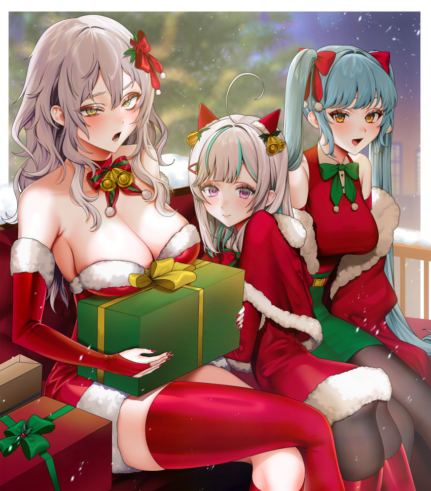 3girls absurdres admi_(nikke) alternate_costume bell black_pantyhose blue_hair blurry blurry_background bow breasts brown_eyes capelet christmas_tree closed_mouth dress goddess_of_victory:_nikke green_skirt grey_hair hair_bell hair_bow hair_ornament highres large_breasts long_hair looking_at_viewer multiple_girls night open_mouth outdoors pantyhose pink_eyes privaty_(nikke) red_bow red_capelet red_thighhighs santa_costume santa_dress sitting skirt sleigh smile snowing thighhighs triangle_(nikke) twintails yellow_eyes ymr_yamero yulha_(nikke)