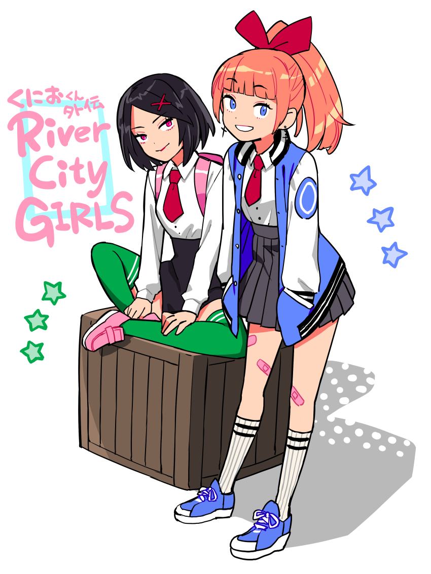 2girls absurdres bandaid bandaid_on_knee bandaid_on_leg black_hair black_skirt blue_eyes blue_footwear box commentary_request cosmetics green_legwear grey_skirt hair_ornament hand_in_jacket hands_in_pocket hands_in_pockets hands_on_legs highres jacket kunio-kun_series kyoko_(kunio-kun) letterman_jacket long_hair long_sleeves looking_at_viewer misako_(kunio-kun) multiple_girls necktie on_box orange_hair pencil_skirt pink_bag pink_eyes pink_shoes pleated_skirt ponytail river_city_girls school_uniform shigehiro_(hiroi_heya) shoes short_hair short_necktie sitting sitting_on_box sitting_on_object skirt smile socks star_(symbol) thighhighs white_background x_hair_ornament