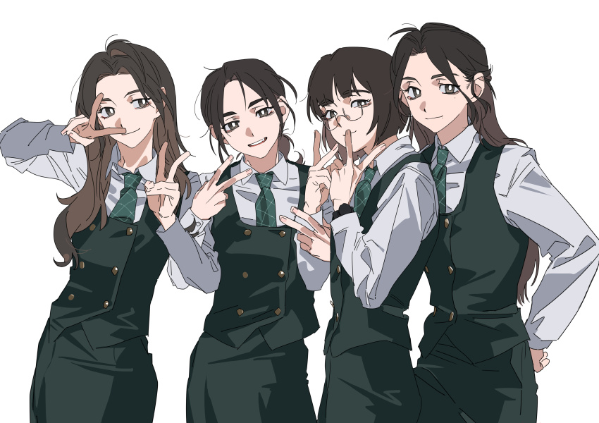 4girls absurdres brown_eyes brown_hair buttons chinese_commentary choi_kyung collared_shirt commentary double-breasted double_v friendly_rivalry glasses green_skirt green_vest highres joo_ye-ri long_hair long_sleeves mole mole_under_eye mole_under_mouth molu_stranger multiple_girls ponytail school_uniform shirt short_hair skirt v vest white_shirt woo_seul-gi yoo_je-i