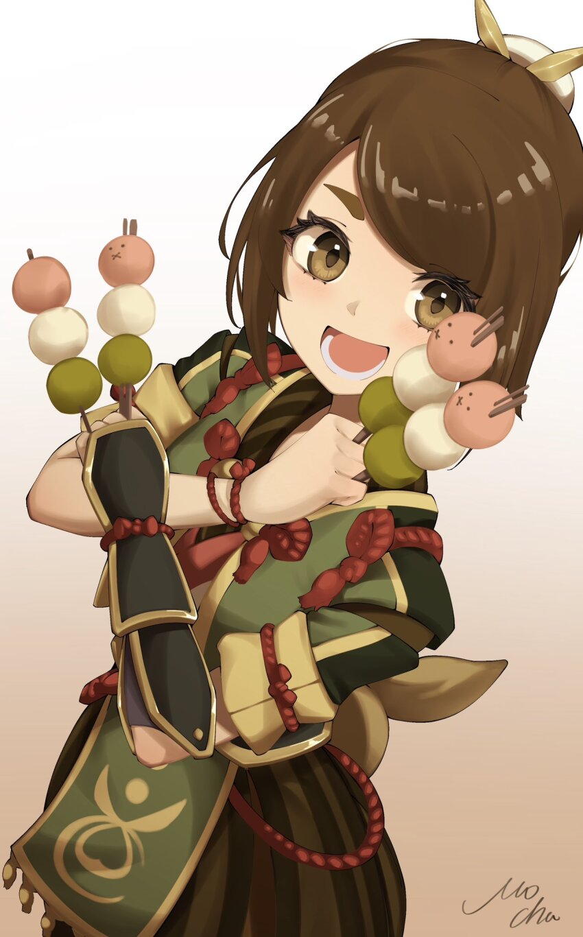 1girl brown_eyes dango food gradient_background green_shirt hair_ornament hands_up highres holding holding_food light_blush looking_at_viewer mocha_mh monster_hunter_(series) monster_hunter_rise open_mouth rope shimenawa shirt signature simple_background smile solo wagashi yomogi_(monster_hunter)