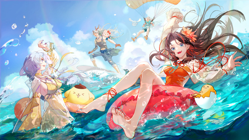 barefoot breasts cinnamoroll cleavage cloud day feet fuwa_fuwa_cinnamoroll gudetama hello_kitty hello_kitty_(character) highres multiple_girls parasailing pompompurin sanrio sky surfboard water