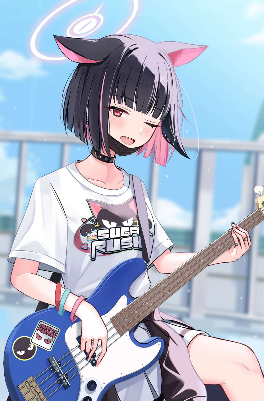 1girl absurdres animal_ears bass_guitar black_choker black_hair black_mask blue_archive blush cat_ears choker collared_shirt colored_inner_hair day electric_guitar extra_ears fender_jazz_bass fingernails guitar highres instrument kazusa_(band)_(blue_archive) kazusa_(blue_archive) mask mouth_mask multicolored_hair official_alternate_costume one_eye_closed open_mouth outdoors pink_hair pleated_skirt red_eyes shirt short_hair short_sleeves skirt smile solo surgical_mask wasi white_shirt white_skirt