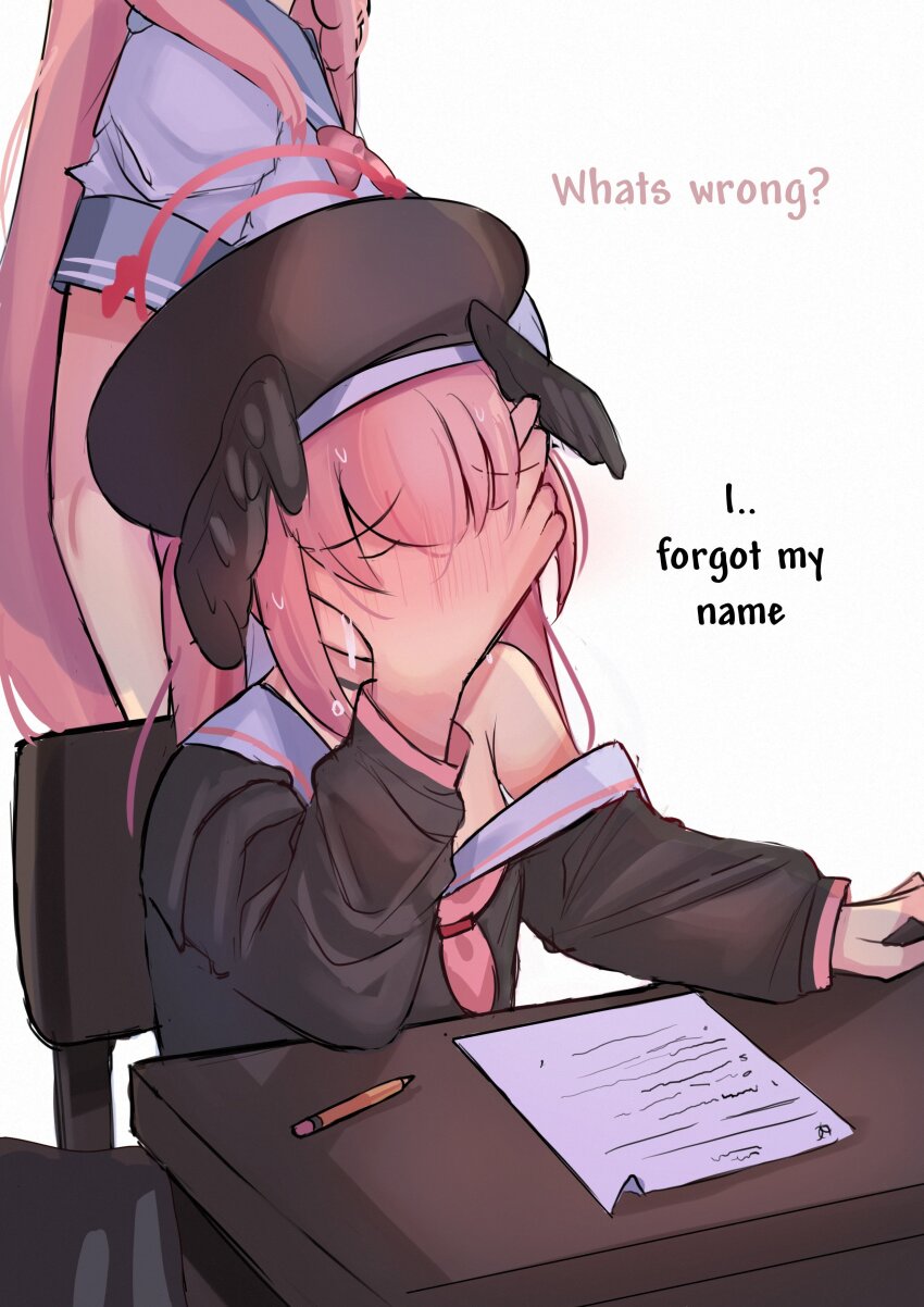 2girls absurdres beret black_wings blue_archive covering_face crying desk feathered_wings halo hanako_(blue_archive) hat head_wings highres iog626 koharu_(blue_archive) long_hair multiple_girls pink_hair school_desk school_uniform simple_background white_background wings