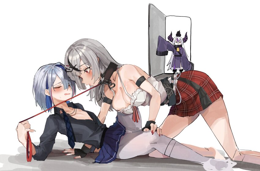 3girls absurdres amane_kanata animal animal_on_head bird bird_on_head breasts camisole closed_eyes commentary crow crow_(la+_darknesss) flat_chest gloves grey_hair highres hololive horns la+_darknesss la+_darknesss_(1st_costume) large_breasts leash leash_pull long_hair long_sleeves multiple_girls on_head partially_fingerless_gloves red_nails sakamata_chloe sakamata_chloe_(1st_costume) sleeves_past_fingers sleeves_past_wrists symbol-only_commentary virtual_youtuber walk-in white_camisole wktfrv47n yuri