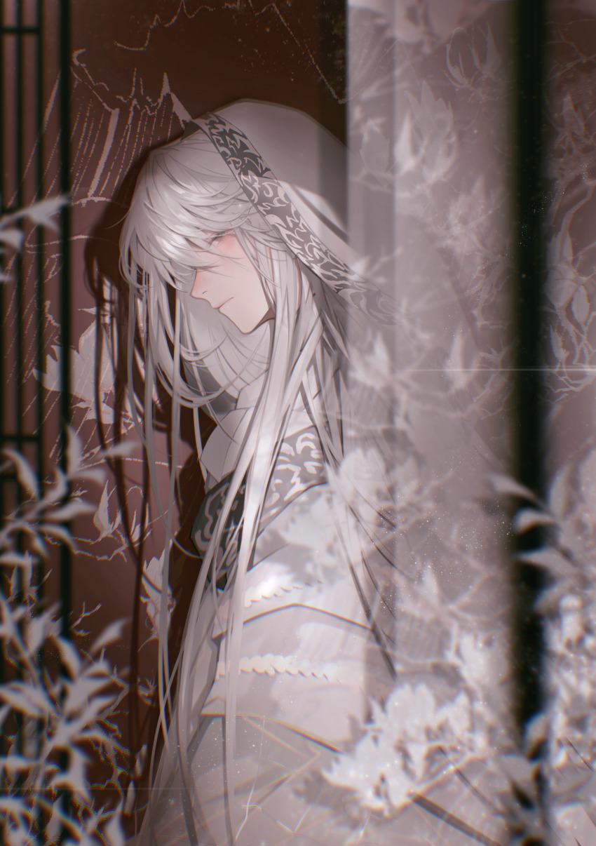1boy absurdres blurry blurry_foreground chinese_clothes closed_mouth from_side hair_between_eyes hair_over_shoulder hanfu highres indoors jinguang_budaixi light_particles long_hair long_sidelocks looking_at_viewer male_focus qiao_rulai shadow sidelocks sideways_glance solo swept_bangs turkey223333 upper_body veil white_hair white_hanfu white_sleeves white_veil