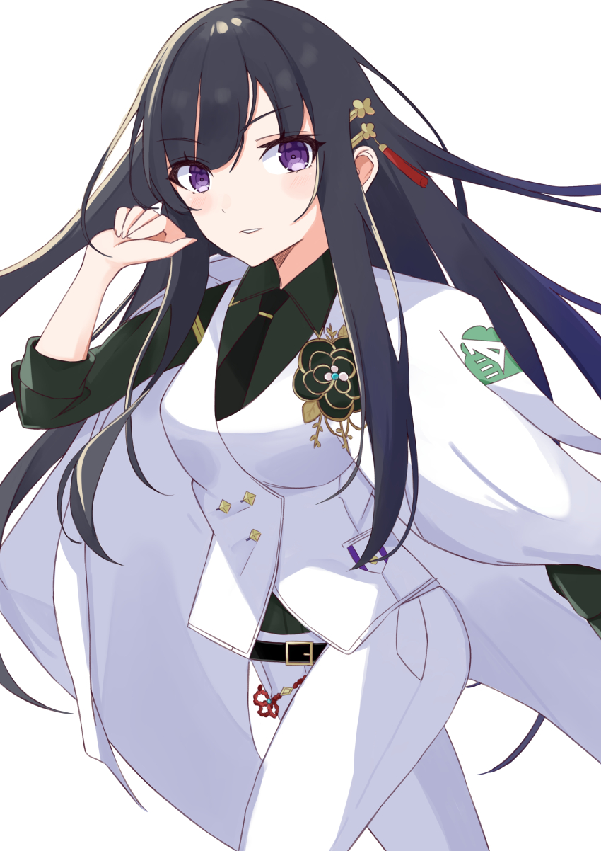 absurdres black_hair coat coat_on_shoulders hair_ornament heaven_burns_red highres jacket long_hair necktie nikaidou_misato official_alternate_costume purple_eyes shiki6628 sidelocks tassel tassel_hair_ornament vest white_jacket white_vest