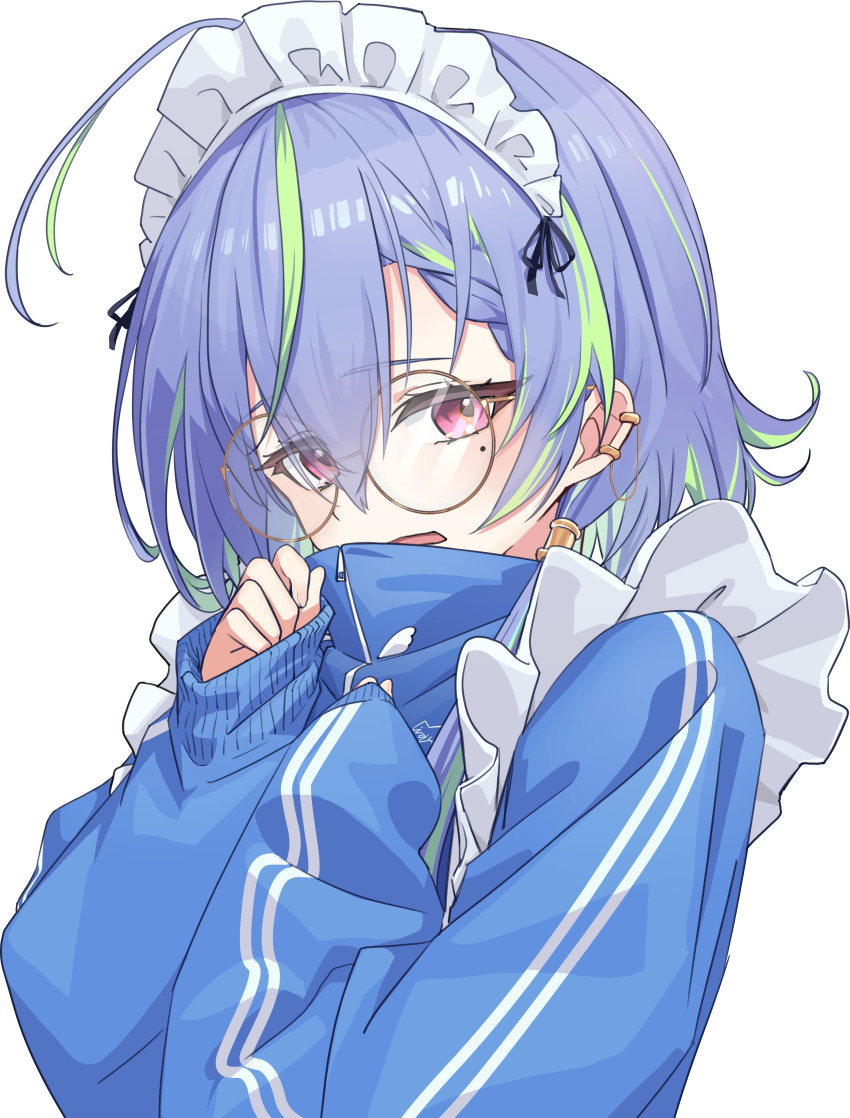 1girl absurdres blue_hair blue_jacket blush brown-framed_eyewear commentary_request glasses green_hair hair_between_eyes highres jacket jersey_maid looking_at_viewer maid maid_headdress mole mole_under_eye multicolored_hair nanashi_inc. open_mouth ougimaneki pink_eyes round_eyewear short_hair simple_background smile solo suzumi_nemo transparent_background two-tone_hair unconventional_maid upper_body variant_set virtual_youtuber white_background